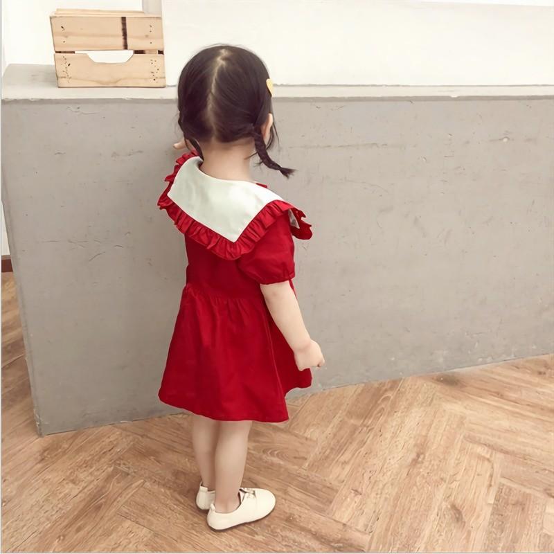 ワンピース キッズ 女の子 パフスリーブ 半袖 ボックスカラー 襟付き フリル フレア 膝丈 さくらんぼ 刺繍 前ボタン前開き ガーリー 可愛い 赤 Top おとりよせ Com 通販 Yahoo ショッピング