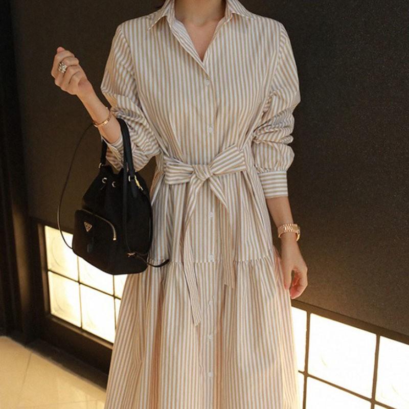 ロングワンピース 長袖 シャツ ワンピース レディース ストライプ 前開き ボタン 襟付き ウエストリボン おしゃれ かっこいい Aライン ゆったり Top おとりよせ Com 通販 Yahoo ショッピング