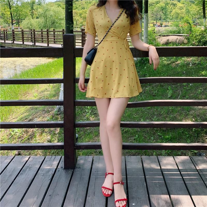 ワンピース カシュクールワンピース ラップワンピース フレアスカート ミニスカート レディース 半袖 ミニ丈 ハイウエスト Vネック Aライン 赤 黄 Top おとりよせ Com 通販 Yahoo ショッピング