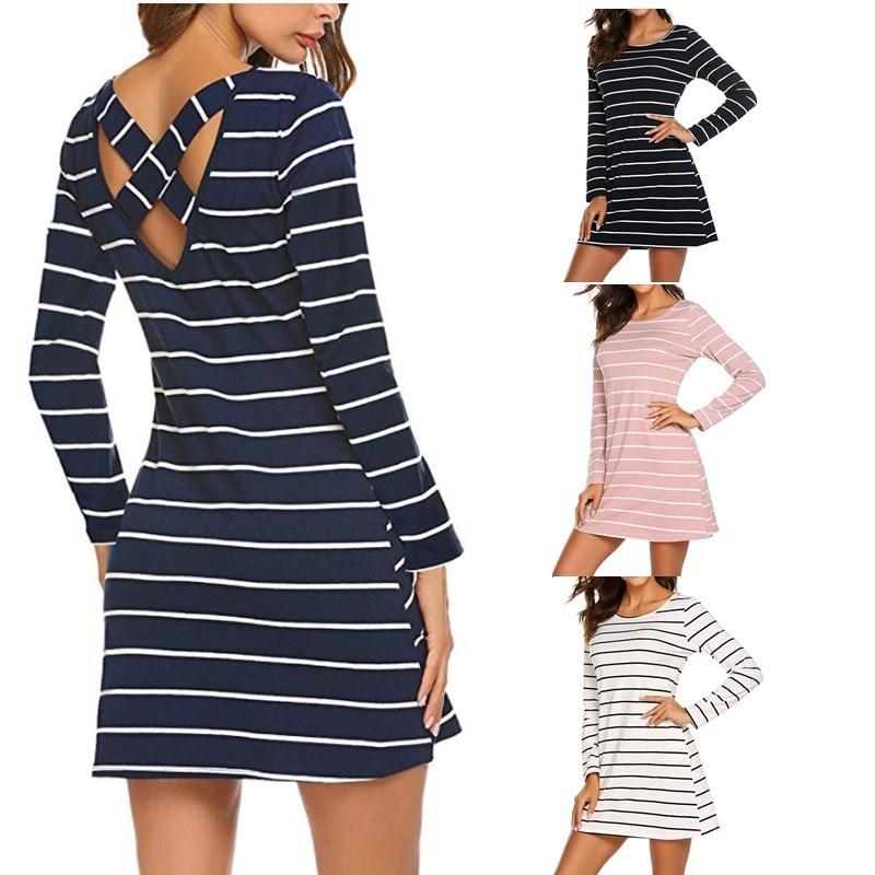 ワンピース 長袖 ラウンドネック ミニ丈 ショート丈 ボーダー柄 バッククロスデザイン レディース ミニワンピース フレアスカート 丸首 丸襟 おしゃ Top おとりよせ Com 通販 Yahoo ショッピング