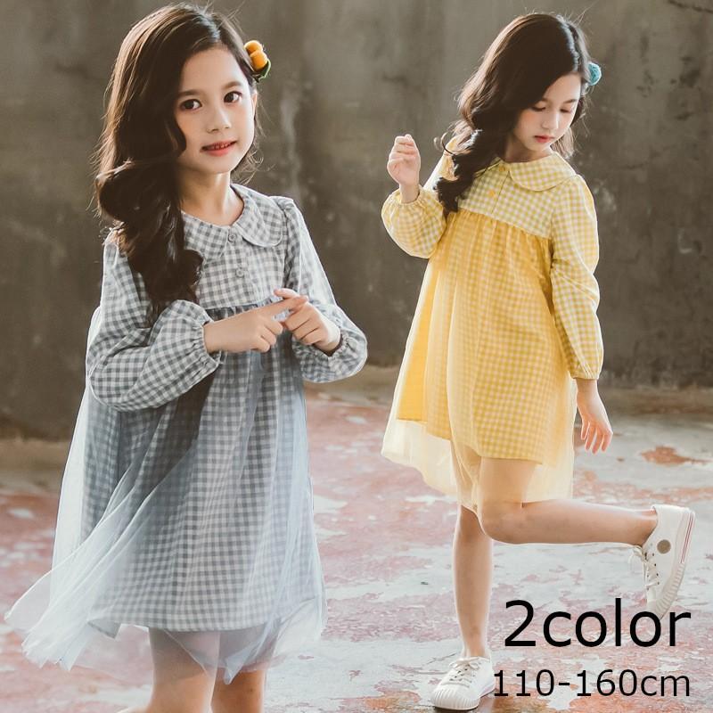 ワンピース キッズ ジュニア 女の子 丸襟 タータンチェック かわいい 透け感 子供用 スカート 長袖 Top おとりよせ Com 通販 Yahoo ショッピング