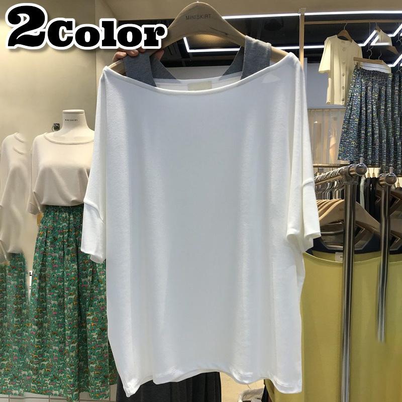 カットソー Tシャツ 半袖 レディース 女性用 トップス フェイクレイヤード 重ね着風 ドロップショルダー オフ