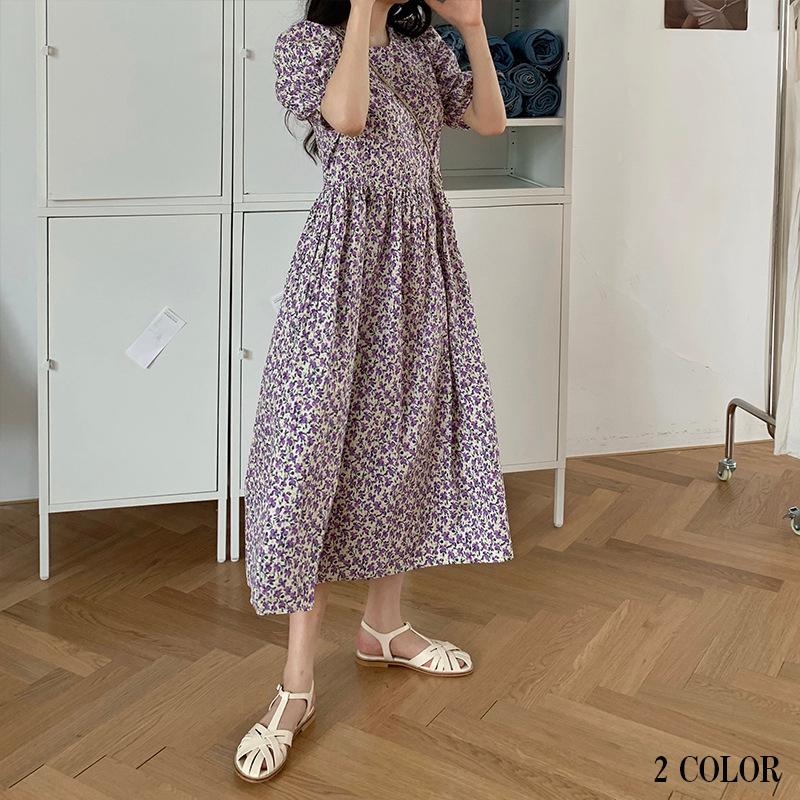 ワンピース ロングワンピース 五分袖 パフスリーブ 小花柄 フラワー ロング丈 ラウンドネック かわいい おしゃれ ワンサイズ 黄色 紫 夏服 女性 Top おとりよせ Com 通販 Yahoo ショッピング