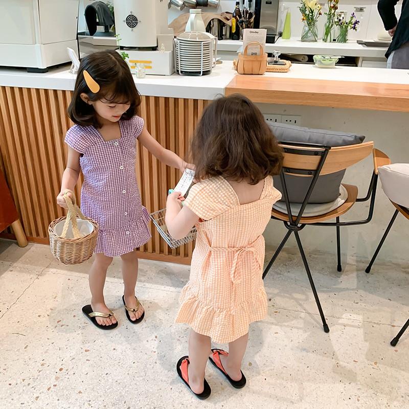 ワンピース キッズ 子供服 女の子 ガールズ ギンガムチェック 半袖 オレンジ パープル 裾フリル スクエアネック キュート 可愛い フロントボタン Top おとりよせ Com 通販 Yahoo ショッピング