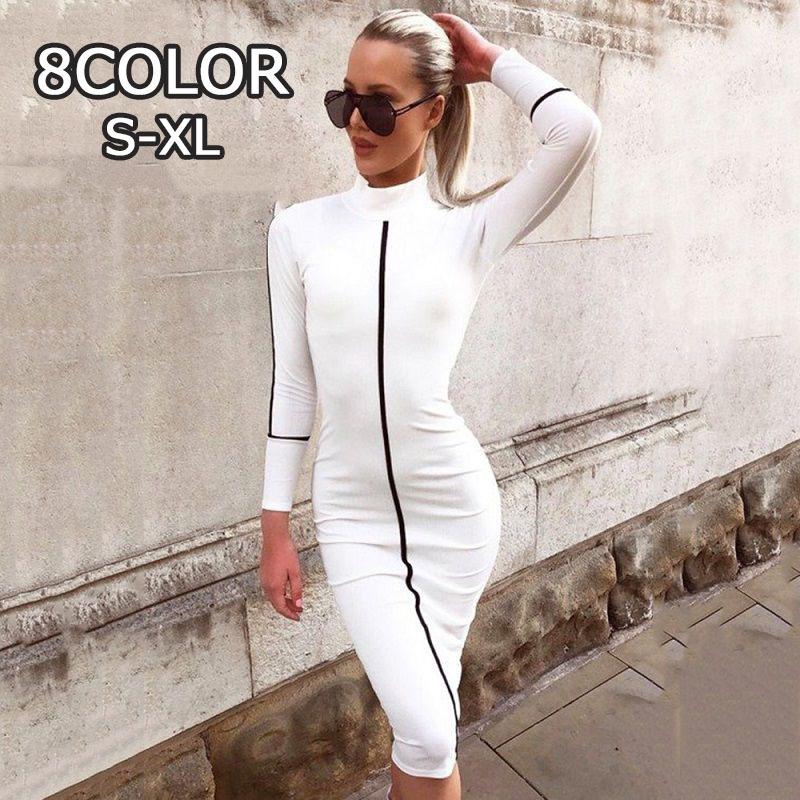 長袖ひざ丈ワンピース タイト 膝丈ドレス レディースファッション スリム セクシー ホワイト ブラック ネオンカラー 蛍光色 ピンク ブルー Top おとりよせ Com 通販 Yahoo ショッピング