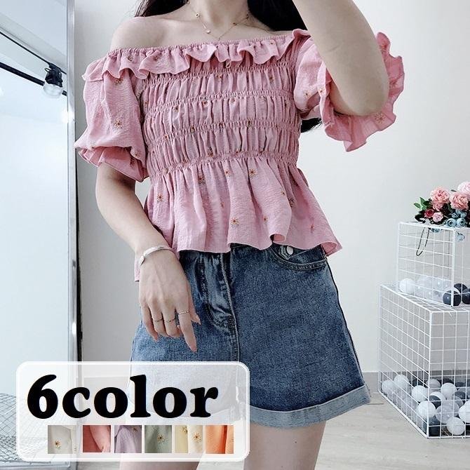 ブラウス レディース 女性 トップス 五分袖 オフショルダーネック パフスリーブ フリル ギャザー プルオーバー 単色 花柄 フラワー 刺繍 肩出し Top おとりよせ Com 通販 Yahoo ショッピング