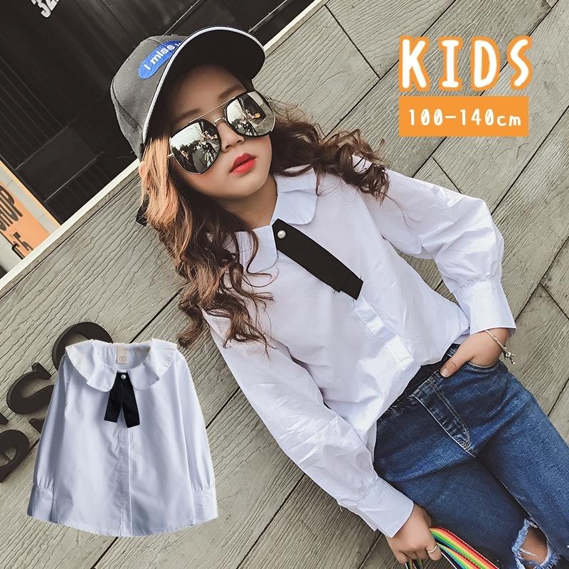ブラウス シャツ 長袖 丸襟 リボンタイ キッズ 子供服 女の子 ホワイト シンプル かわいい おしゃれ ホワイト 100 110 1 130 1 Top おとりよせ Com 通販 Yahoo ショッピング