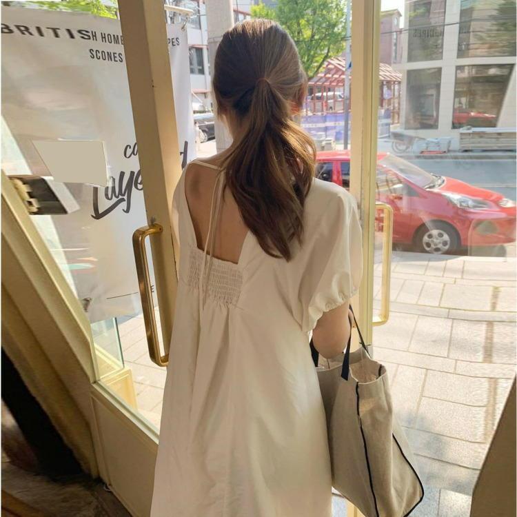 ワンピース レディース スクエアネック 半袖 バルーンスリーブ ロング丈 マキシ丈 Aライン フレア 背中開き リボン 無地 袖コンシャス バックシャ Top おとりよせ Com 通販 Yahoo ショッピング