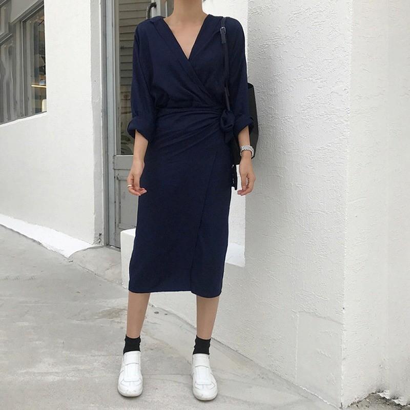 カシュクールワンピース タイトワンピ ラップワンピ シャツワンピ 無地 Vネック 長袖 膝丈 オフィス きれいめ ウエストリボン Top 507 おとりよせ Com 通販 Yahoo ショッピング