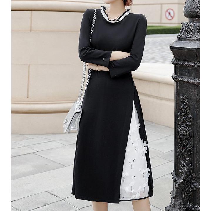 ワンピース ミディアムワンピース フレアワンピース レディース トップス 長袖 レース 刺繍 ツル 鶴 袖付け外し可 サイド紐 黒 白 ブラック ホワ Top おとりよせ Com 通販 Yahoo ショッピング