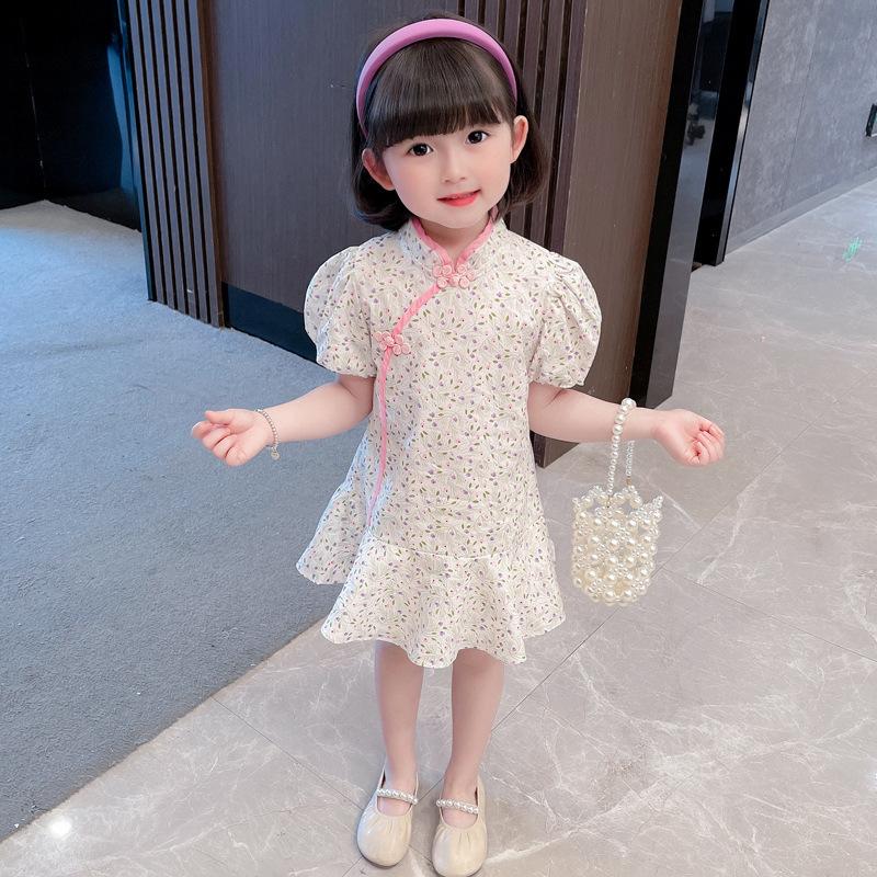 ワンピース 子供服 こども用 キッズ ベビー 女の子 マオカラー 半袖 パフスリーブ 花柄 中国風 フレア チャイナドレス風 かわいい 民族風 おしゃ｜mignonlindo｜09