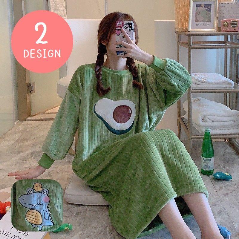 ルームウェア ワンピース レディース 女性 婦人 長袖 ラウンドネック リブ ベロア調 恐竜 ヒヨコ アボカド パジャマ 部屋着 Top おとりよせ Com 通販 Yahoo ショッピング