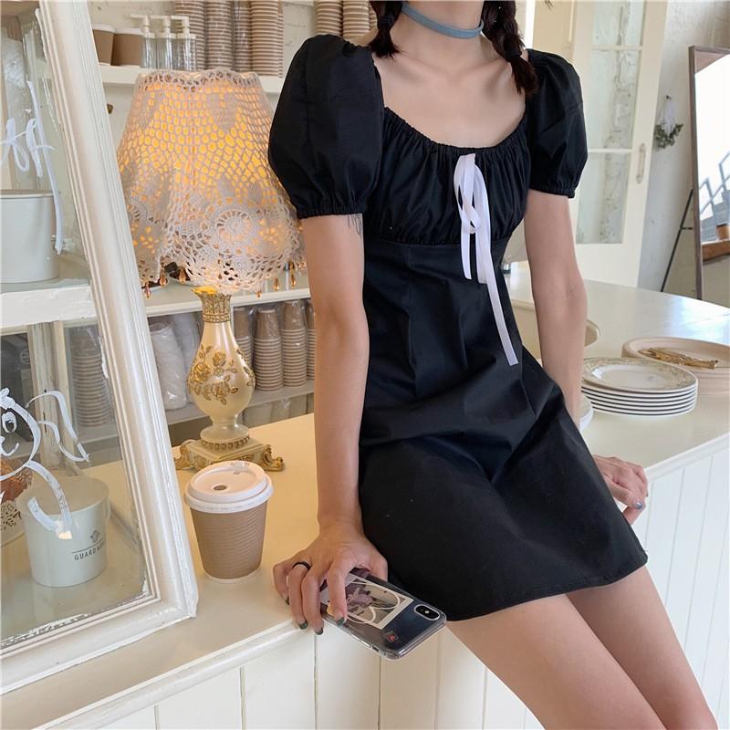 ワンピース 半袖 レディース 夏服 バブルスリーブ ミニワンピース ショート スクエアネック Aライン リボン 無地 ハイウエスト セクシー 可愛い Top おとりよせ Com 通販 Yahoo ショッピング