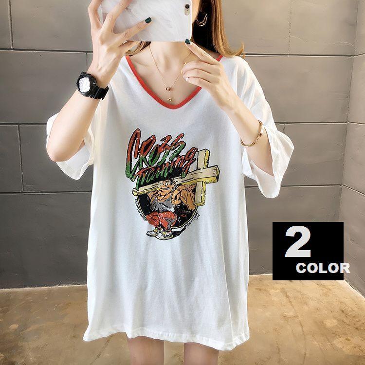 チュニック カットソー ｔシャツ レディース トップス 半袖 背中開き バックオープン Vネック プリント イラスト カジュアル おしゃれ 背中見せ Top おとりよせ Com 通販 Yahoo ショッピング
