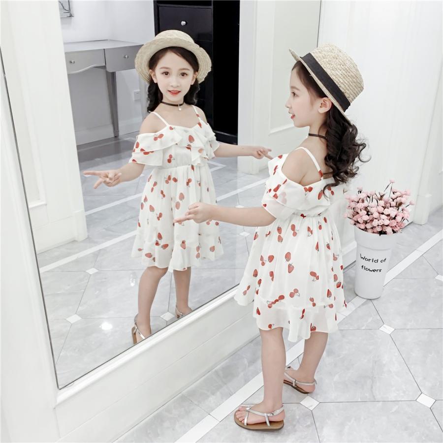 ワンピース キッズ 子供 ジュニア オフショルダー フレア シフォン 膝丈 いちご プリント イラスト かわいい おしゃれ 女児 Top 674 おとりよせ Com 通販 Yahoo ショッピング