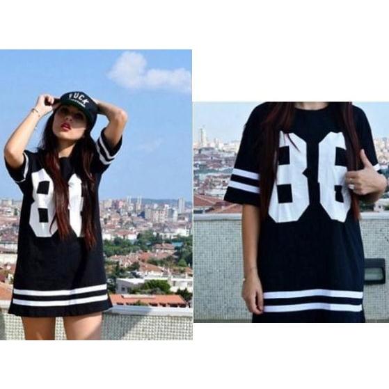 Tシャツ チュニックtシャツ 半袖tシャツ チュニック レディース トップス ロゴ プリント 丸首 ラウンドネック 丈長め 数字 番号 86 横線 ラ Top おとりよせ Com 通販 Yahoo ショッピング