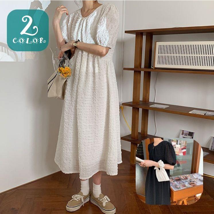 ワンピース レディース 女性 ロング丈 半袖 バルーンスリーブ Vネック サッカー タック フレア かわいい おしゃれ 婦人服 Top おとりよせ Com 通販 Yahoo ショッピング