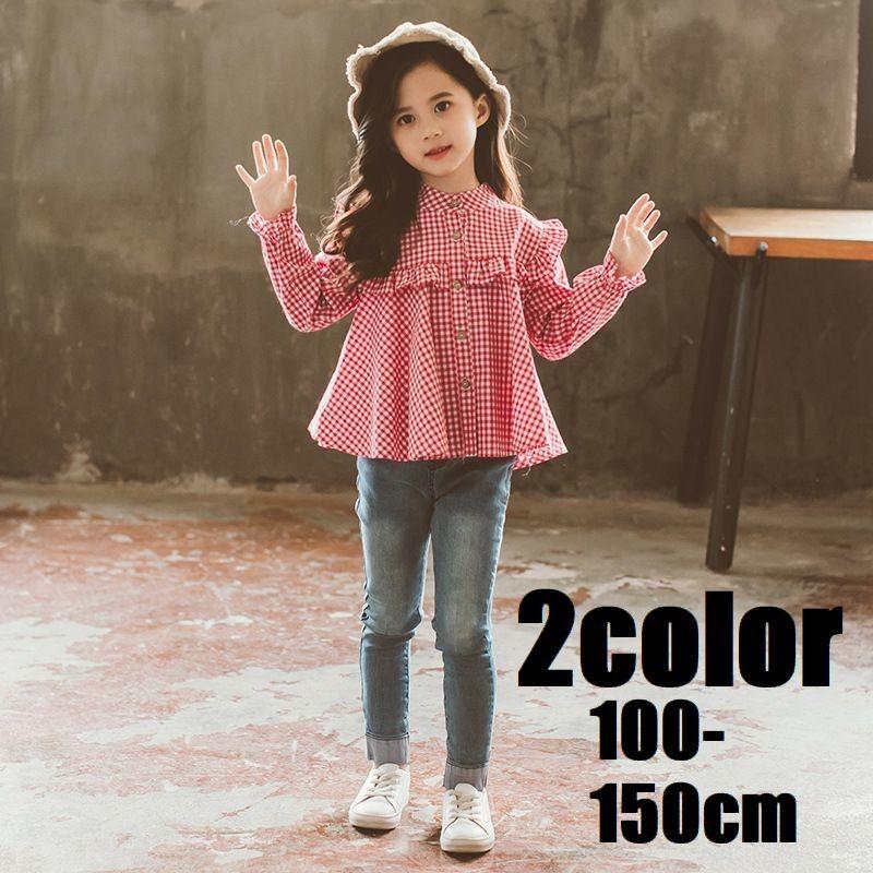 シャツ ブラウス 子ども服 キッズ ジュニア 女の子 長袖 ギンガム  
