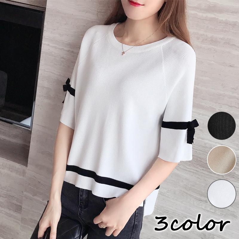 ニット 半袖 レディース クルーネック リボン ライン シンプル きれいめ プルオーバー トップス 前後差 スリット入り おしゃれ かわいい カジュア Top おとりよせ Com 通販 Yahoo ショッピング