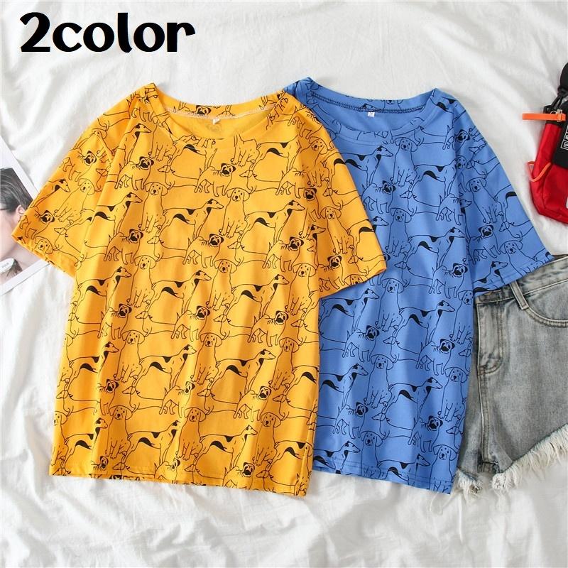 Tシャツ カットソー 半袖 レディース 女性 婦人 トップス プリント イラスト 犬 イヌ ラウンドネック かわいい おしゃれ カジュアル イエロー Top おとりよせ Com 通販 Yahoo ショッピング