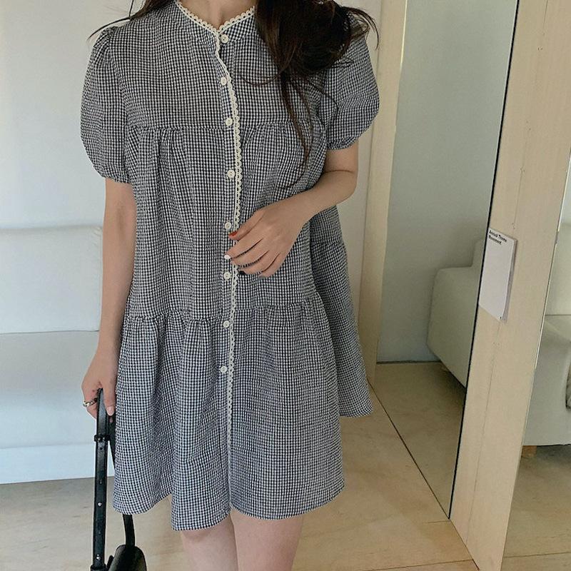 ワンピース 半袖 レディース 夏服 バブルスリーブ ミニワンピース ショート Aライン チェック柄 レース ボタン 前開き レトロ 可愛い お出かけ Top おとりよせ Com 通販 Yahoo ショッピング