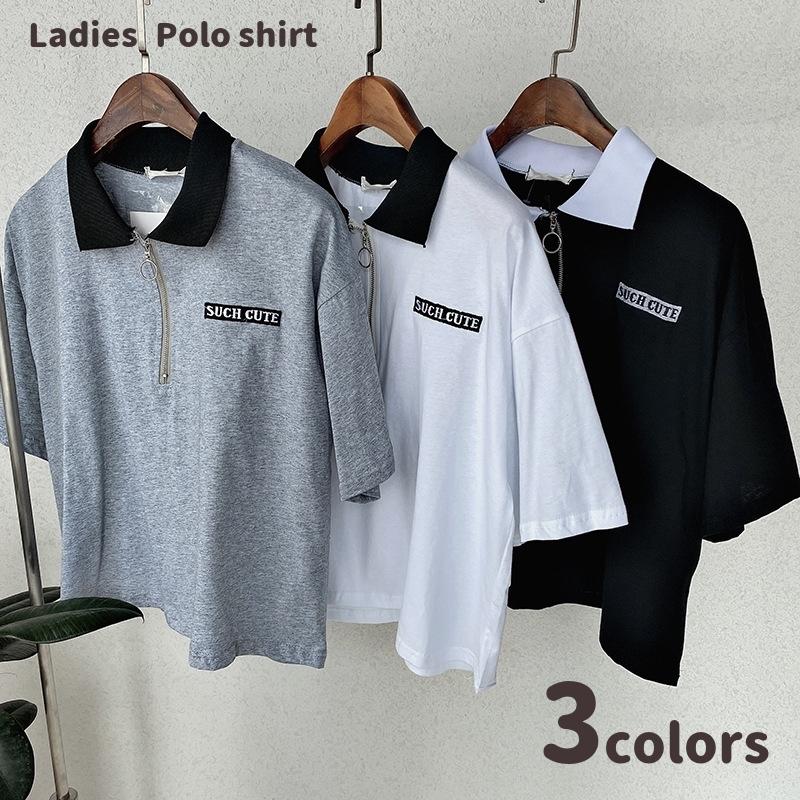 ポロシャツ 半袖 ジップアップ トップス レディース 女性 婦人服 配色 英字 ロゴ シンプル 襟付きシャツ おしゃれ スポーツ 仕事着 Top おとりよせ Com 通販 Yahoo ショッピング