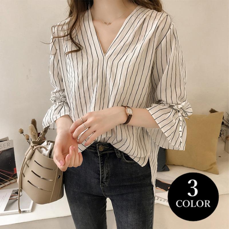 ブラウス 七分袖 レディース 女性用 夏服 春服 トップス Vネック ラッフルカフス リボン ホワイト ブルー ストライプ ゆったり カジュアル シン Top おとりよせ Com 通販 Yahoo ショッピング