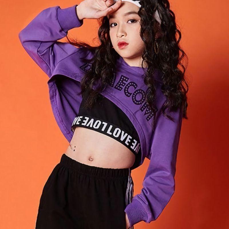 ショート丈パーカー へそ出し ロゴパーカー キッズダンス 衣装 ヒップホップ K Pop ストリートダンス パープル Top おとりよせ Com 通販 Yahoo ショッピング