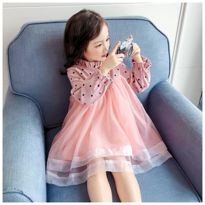 ワンピース 子供服 キッズウェア レース 水玉 ドット 長袖 水色 ピンク 