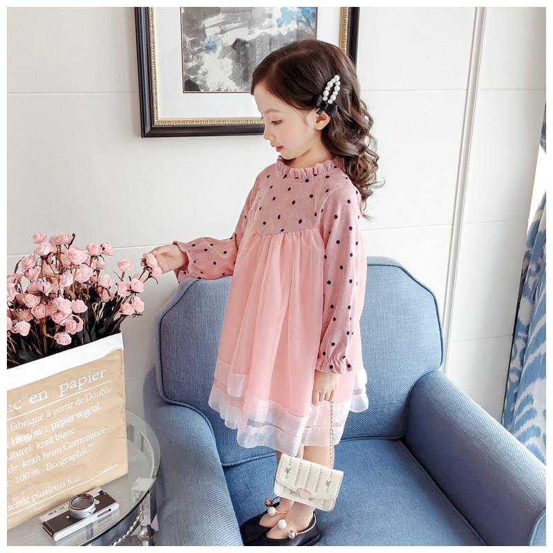 ワンピース 子供服 キッズウェア レース 水玉 ドット 長袖 水色 ピンク 