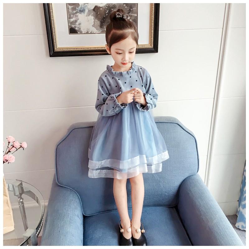 ワンピース 子供服 キッズウェア レース 水玉 ドット 長袖 水色 ピンク 