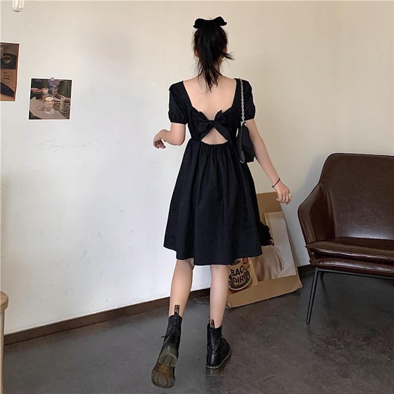 ワンピース 半袖 レディース 夏服 バブルスリーブ ひざ丈 スクエアネック Aライン 無地 リボン 背中開き ハイウエスト セクシー 可愛い お出かけ Top 796 おとりよせ Com 通販 Yahoo ショッピング