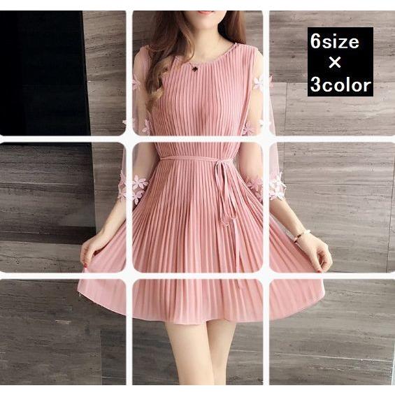 ミニワンピース フレアワンピース 7分袖 レディース トップス Aライン 透明袖 シースルースリーブ 切り替え 花 花びら プリーツ 丸首 ラウンドネ Top 792 おとりよせ Com 通販 Yahoo ショッピング