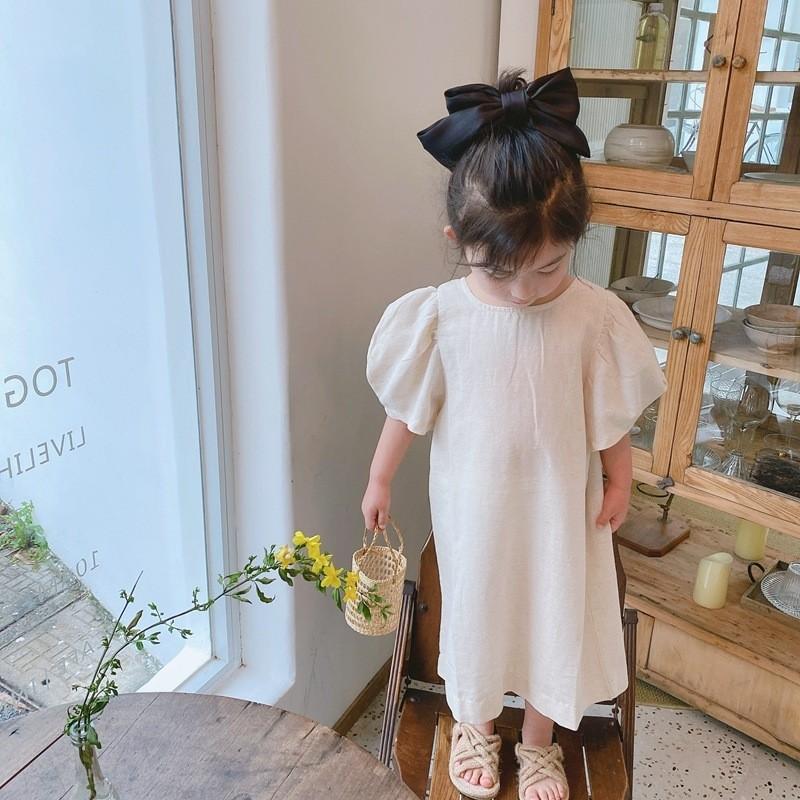 ワンピース 子供服 キッズ 女の子 おしゃれ かわいい リボン 半袖 パフスリーブ ラウンドネック 膝丈 夏 爽やか 無地 麻 ロング Top おとりよせ Com 通販 Yahoo ショッピング