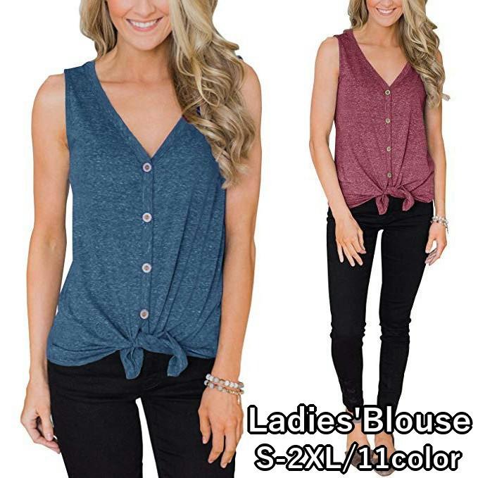ブラウス ノースリーブブラウス シャツ レディース トップス Vネック 前開き 前ボタン 袖なし シンプル 無地 柄なし 普段使い お出掛け 着回し力 Top おとりよせ Com 通販 Yahoo ショッピング