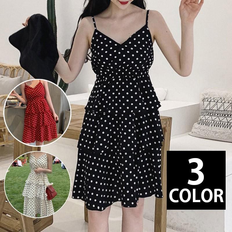 ワンピース ティアードワンピース レディース ノースリーブ 膝丈 ミディアム丈 水玉 ドット柄 Aライン フリル キャミソール 夏服 ガーリー かわい Top おとりよせ Com 通販 Yahoo ショッピング