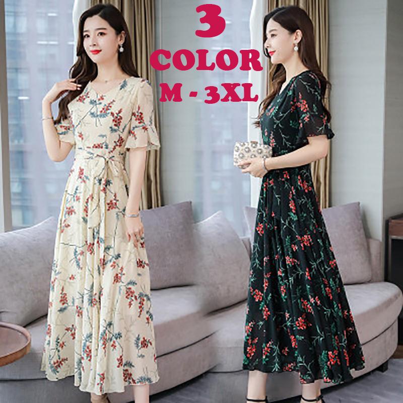 レディースファッション ワンピース 五分袖 袖フリル Vネック ロング丈 花柄 ウエストリボン エレガント 上品 春 夏 ピンク 白 黒 M L X 出産祝いなども豊富