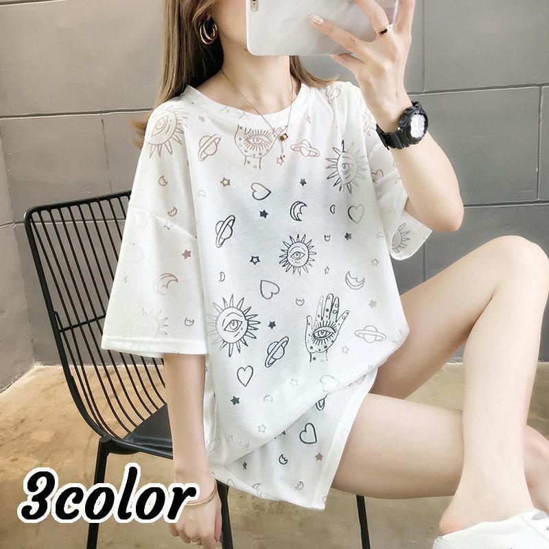 チュニック 半袖tシャツ カットソー ビッグシルエット レディース 婦人服 ラウンドネック クルーネック 総柄 イラスト 手 太陽 宇宙 目 ハート Top 815 おとりよせ Com 通販 Yahoo ショッピング