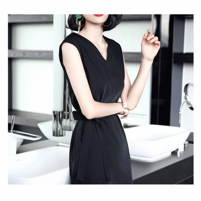 ワンピース レディース 女性用 ノースリーブ Vネック タイト ベルト リボン 無地 きれいめ エレガント シンプル 上品 大人 かわいい