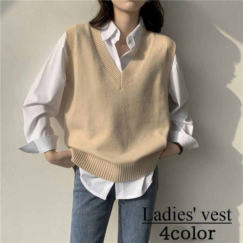 ニットベスト レディース 女性用 トップス プルオーバー Vネック ノースリーブ アシメントリー リブ 無地 単色 カーキ ネイビー ブラック シンプ Top 866 おとりよせ Com 通販 Yahoo ショッピング