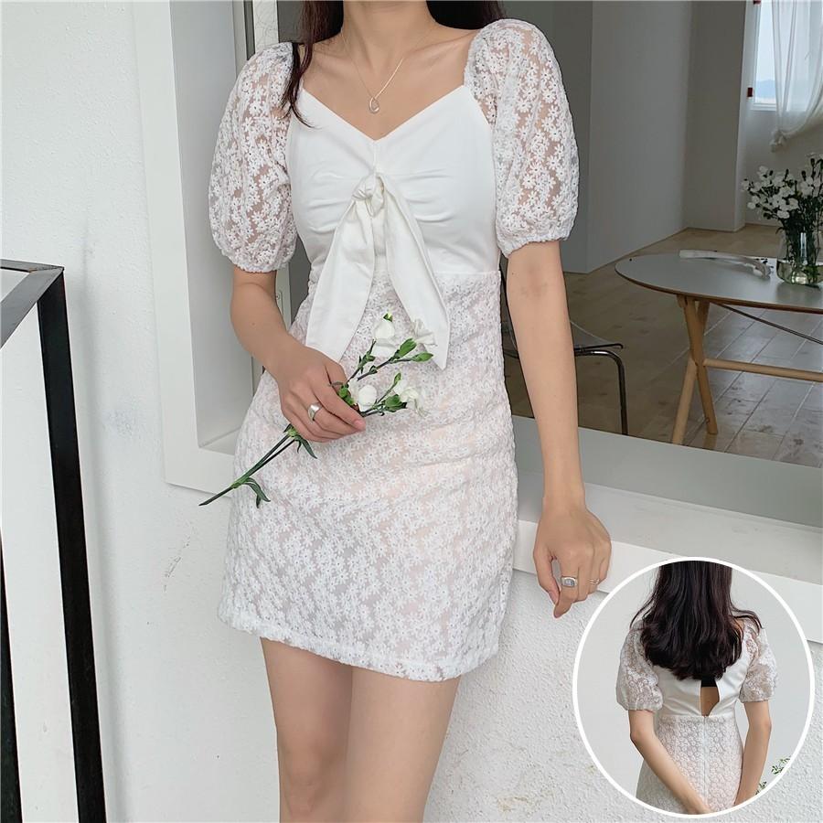 ワンピース 半袖 レディース 女性 ミニ丈 タイト ハイウエスト パフスリーブ Vネック 刺繍 花 シースルー レース 背中開き リボン セクシー か Top おとりよせ Com 通販 Yahoo ショッピング