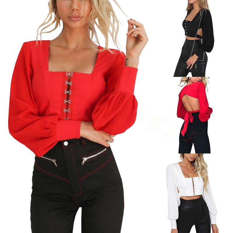 デザインシャツ レディース トップス 長袖 スクエアネック 背中開き 丈短め へそ出し バックリボン 無地 シンプル セクシー かっこいい Top おとりよせ Com 通販 Yahoo ショッピング