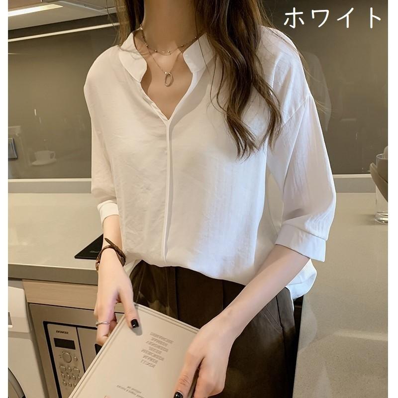 ブラウス レディースシャツ レディース 女性 トップス 七分袖 Vネック オープンカラー スタンドカラー プルオーバー ボタンなし 無地 ホワイト グ Top 012 おとりよせ Com 通販 Yahoo ショッピング