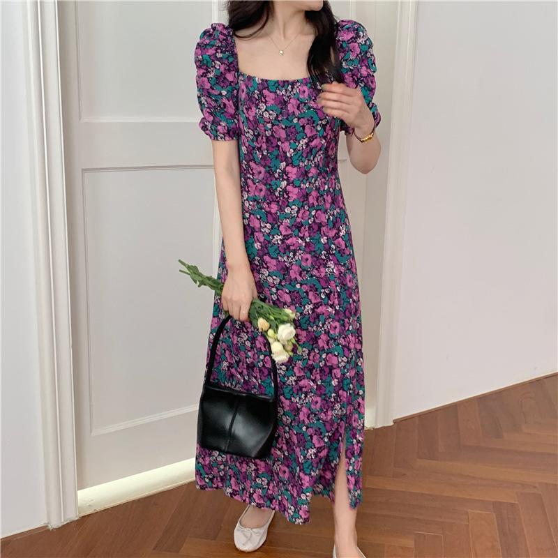 ワンピース レディース 夏服 半袖 バブルスリーブ スクエアネック ミモレ丈 Aライン 花柄 サイドスリット レトロ カジュアル 可愛い おしゃれ お Top 875 おとりよせ Com 通販 Yahoo ショッピング