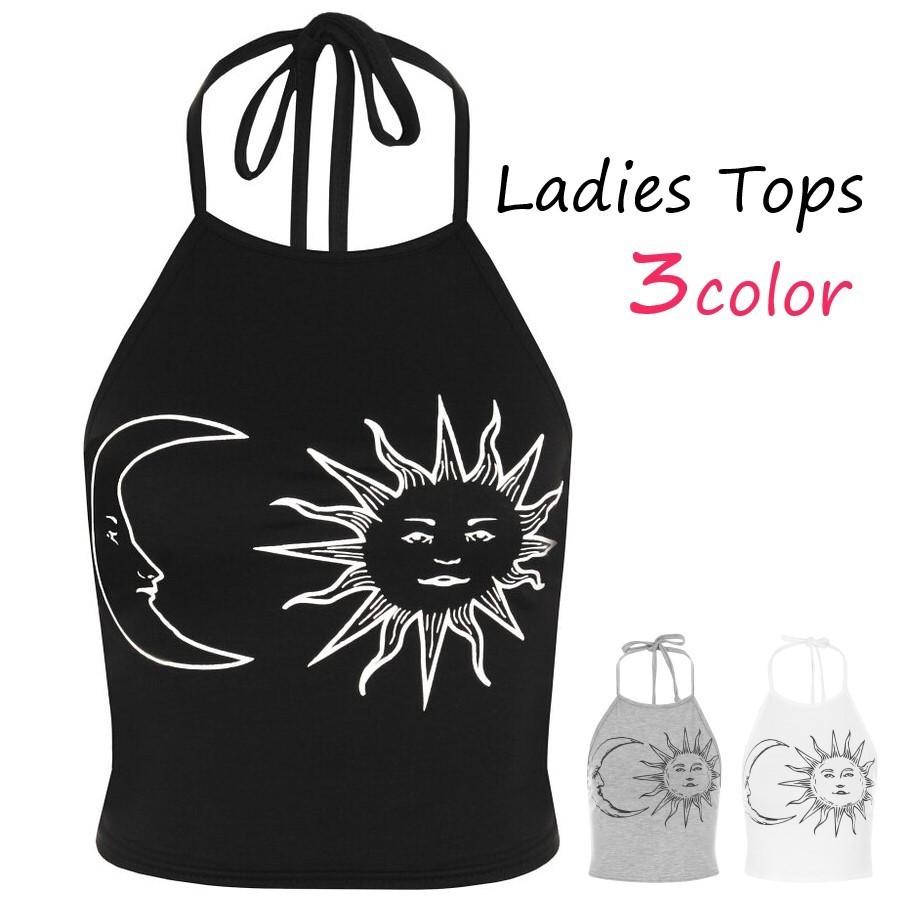 キャミソール レディース 女性 トップス ノースリーブ ホルターネック フロントプリント 太陽 月 ブラック オフホワイト シンプル おしゃれ セクシ Top おとりよせ Com 通販 Yahoo ショッピング
