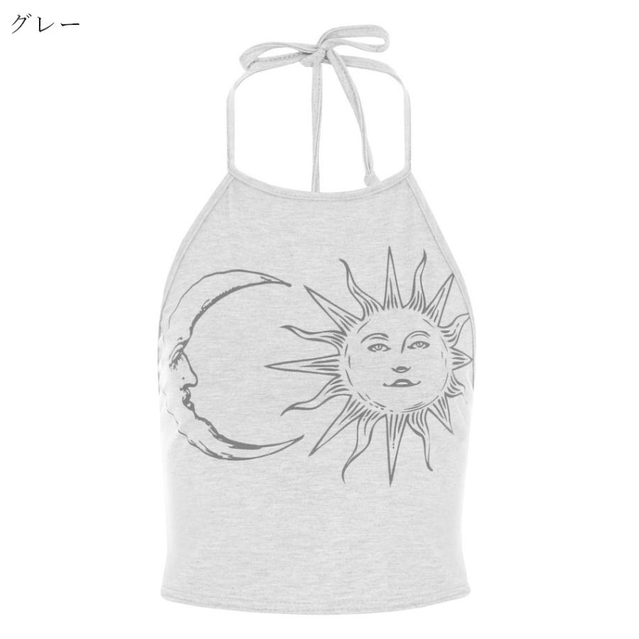 キャミソール レディース 女性 トップス ノースリーブ ホルターネック フロントプリント 太陽 月 ブラック オフホワイト シンプル おしゃれ セクシ Top おとりよせ Com 通販 Yahoo ショッピング