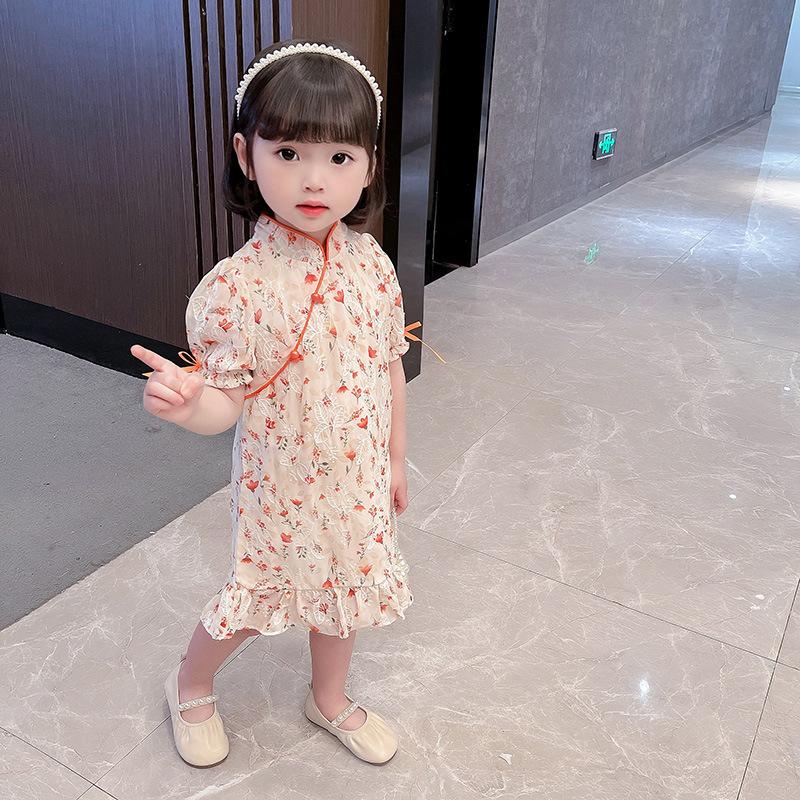 ラッピング不可 裾フリル マオカラー パフスリーブ チャイナドレス風 Aライン 膝丈 女の子 子供 ベビー キッズ 半袖 ワンピース リボン 上品 フラワー 花 刺繍 ワンピース チュニック サイズ 80cm Www Propac Ma