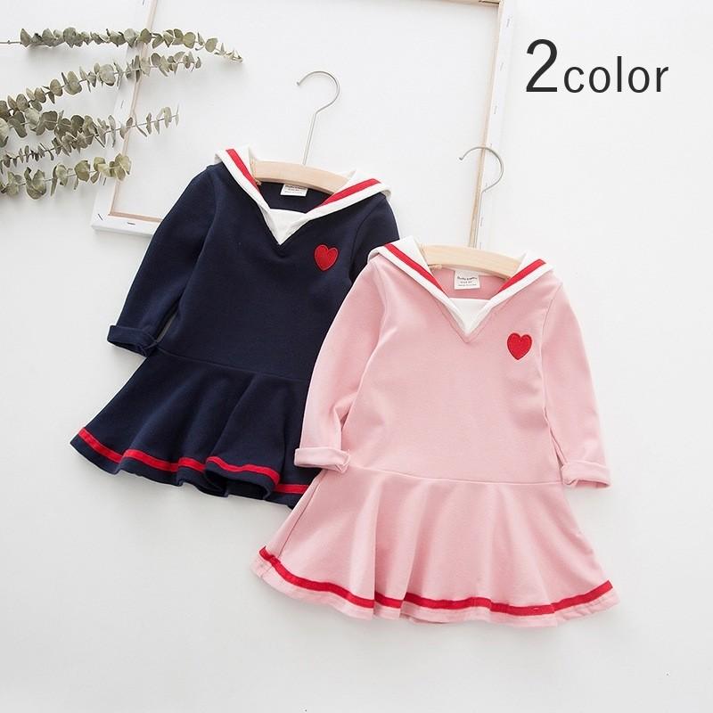 ワンピース キッズ 子供服 女の子 80 130cm 長袖 セーラーカラー マリン ハート ネイビー ピンク かわいい おしゃれ Top おとりよせ Com 通販 Yahoo ショッピング
