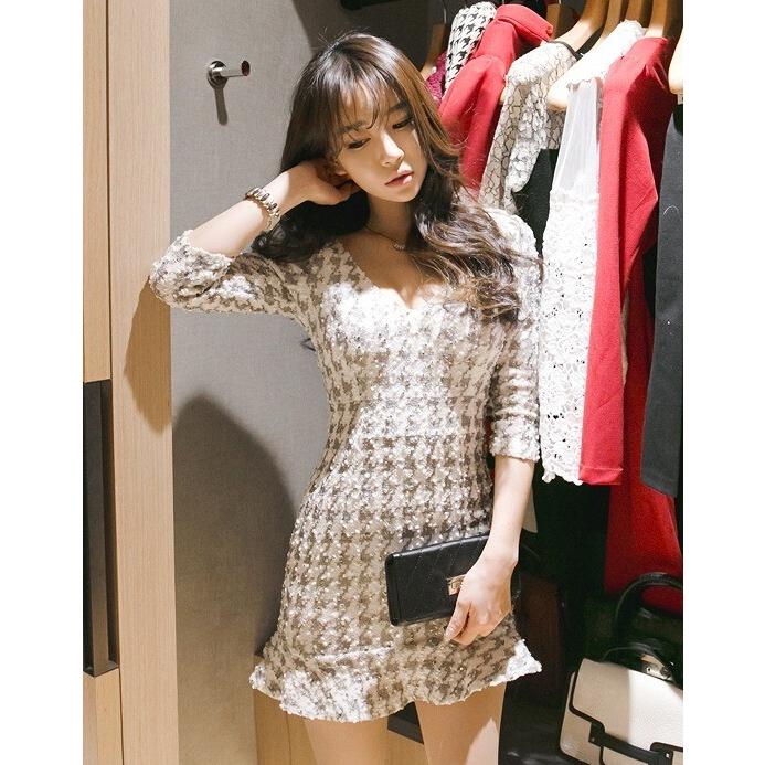 正規販売代理店 7分袖ワンピース 千鳥格子ワンピース 千鳥格子柄ワンピース タイトワンピース 裾フレアワンピース ミニワンピース ミニ丈ワンピー 新しい到着 Carlavista Com