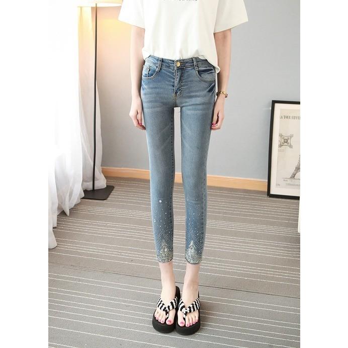 大きいサイズ有 八分丈デニムパンツ ビジュー オシャレ スキニー ジーンズ ボトムス ジーパン 可愛い Ven おとりよせ Com 通販 Yahoo ショッピング